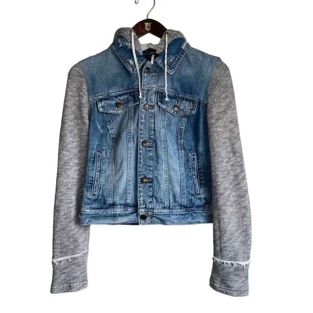 Free People Blue Denim Jacket with Gray Knit Sleeves - Picture 10 of 14